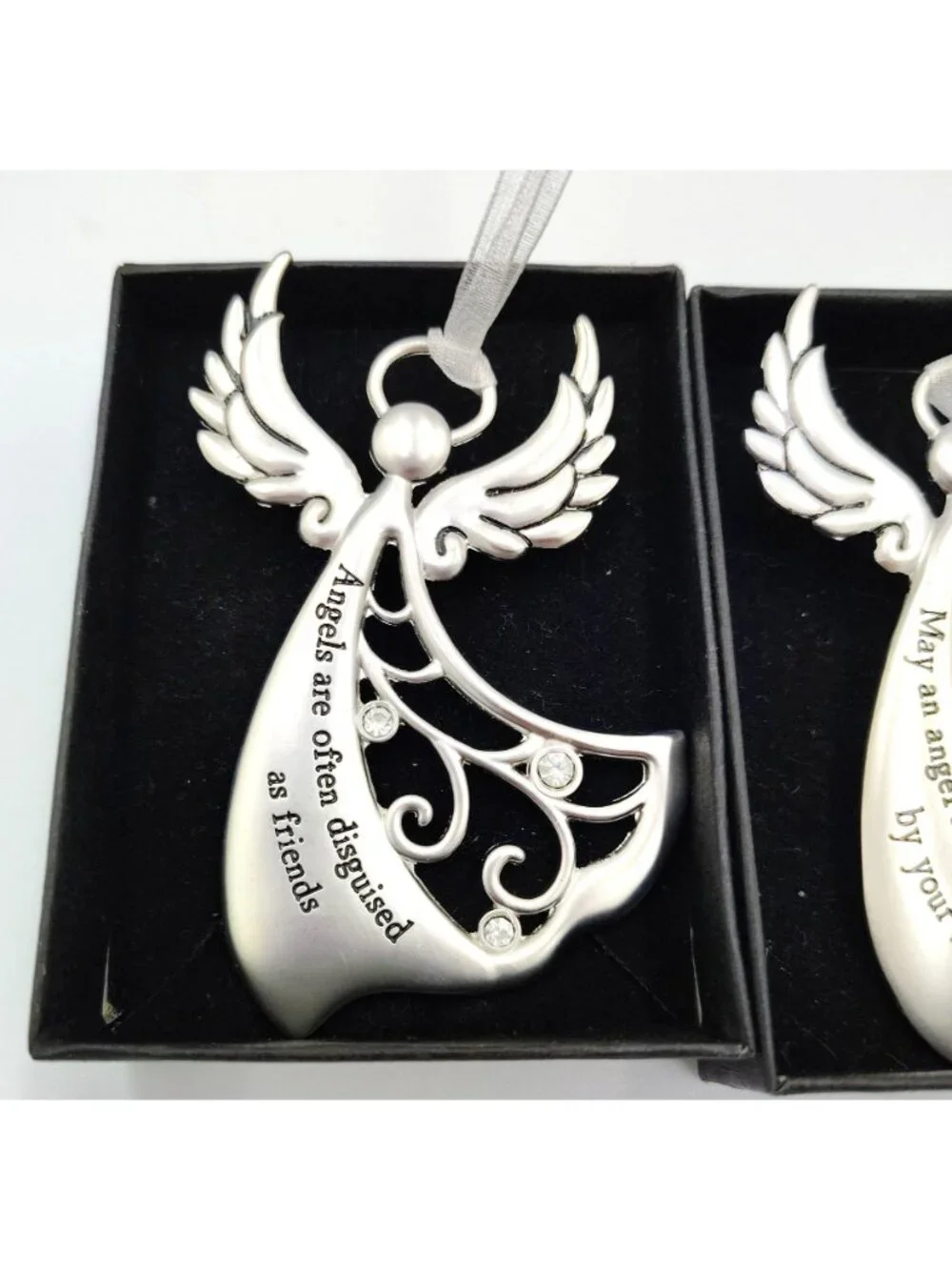 Angel Christmas Ornament Lot of 2 Silver Tone Rhinestone Inspirational Gifts